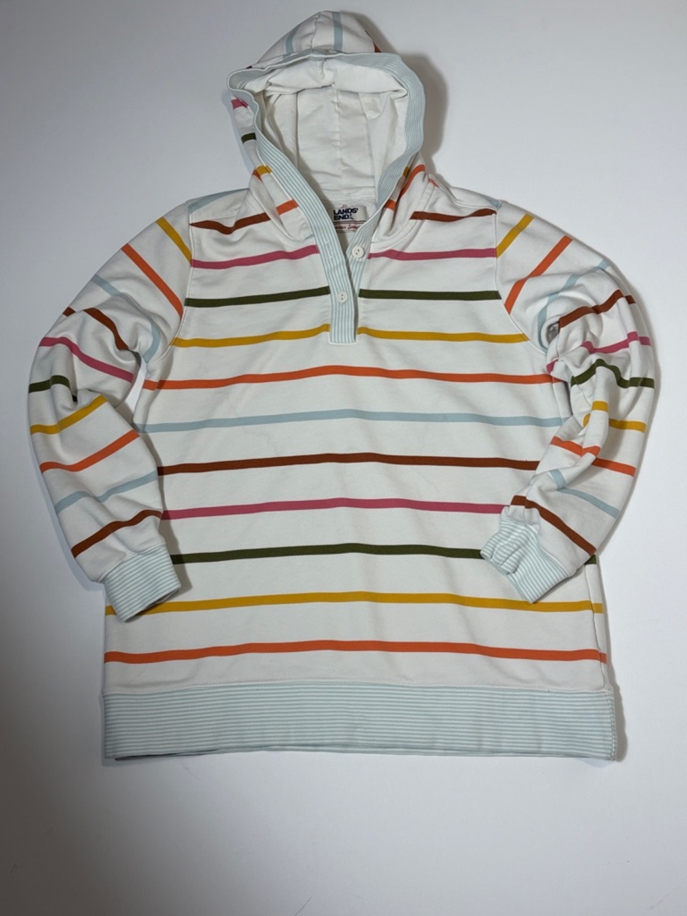 Lands End Serious Sweats Hoodie Womens Striped Pullover Cotton Blend